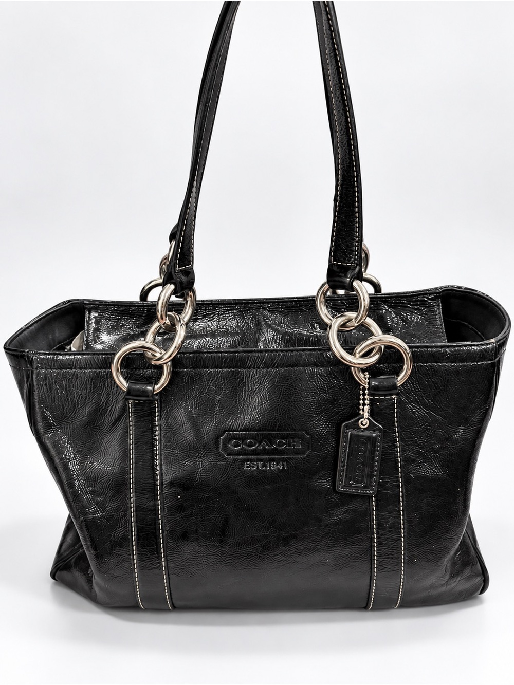 Coach Black Leather Shoulder Bag with Silver Chain Accents